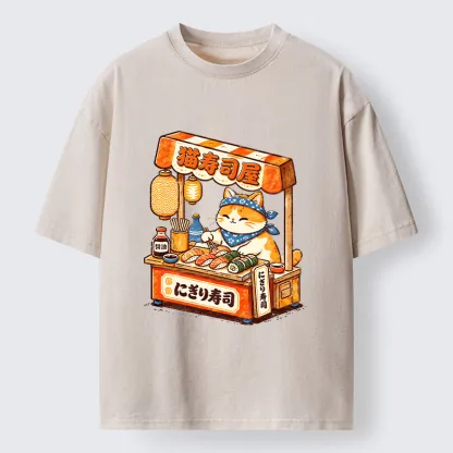 Tokyo-Tiger Cute Cat Running A Sushi Stall Washed T-Shirt