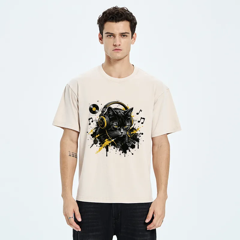 Tokyo-Tiger Black Cat Music Lover Washed T-Shirt