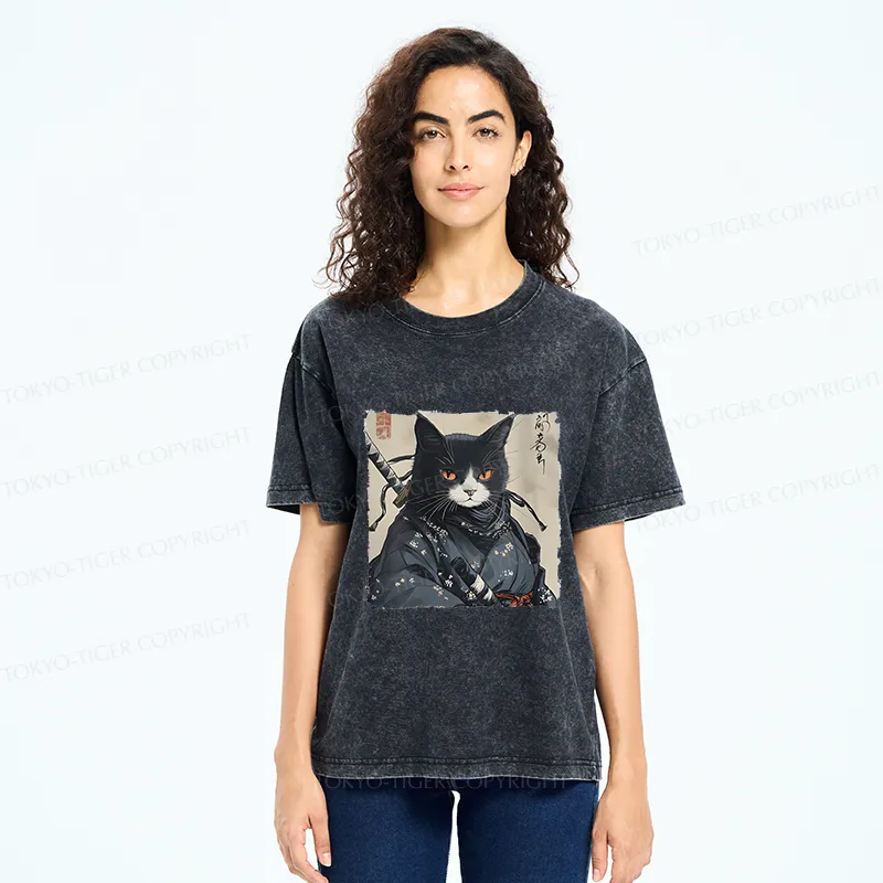 Tokyo-Tiger Handsome Samurai Cat Washed T-Shirt