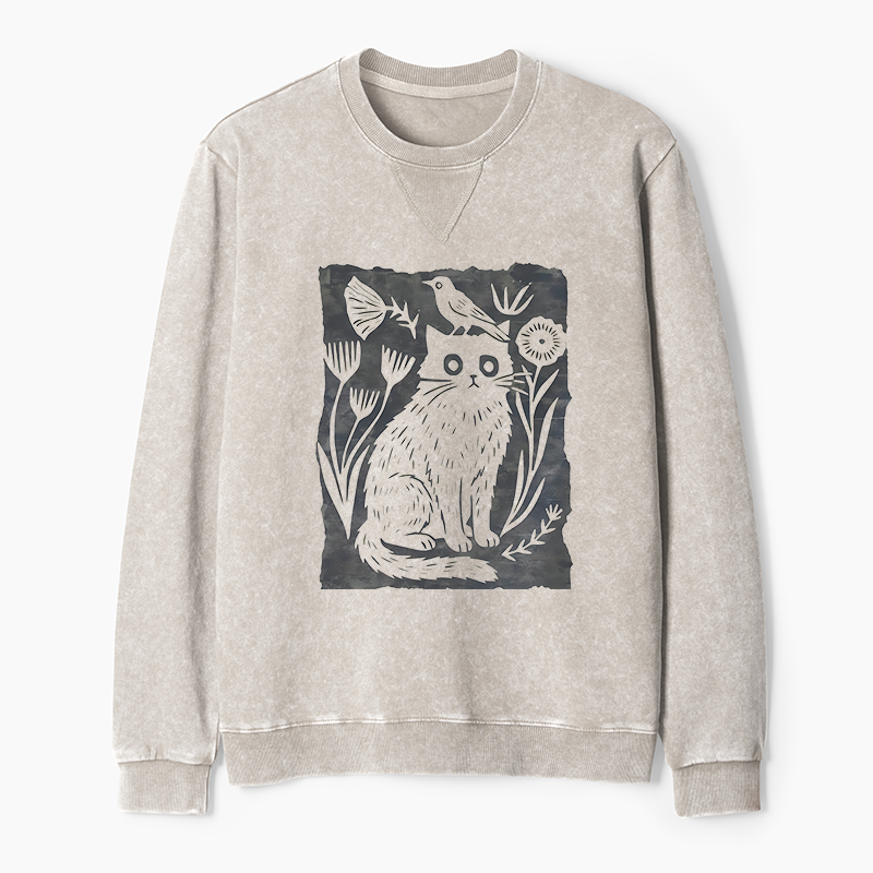 Tokyo-Tiger Folk Paper Cut Cat Bird Floral Art Washed Terry Sweatshirt