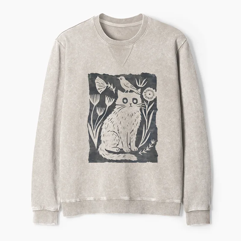 Tokyo-Tiger Folk Paper Cut Cat Bird Floral Art Washed Terry Sweatshirt