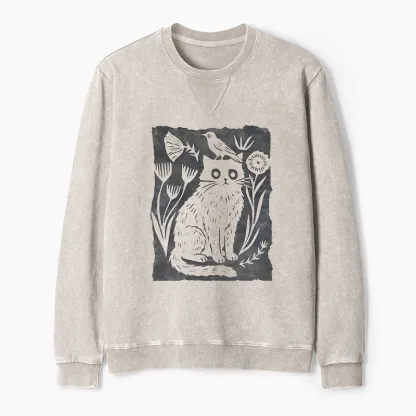 Tokyo-Tiger Folk Paper Cut Cat Bird Floral Art Washed Terry Sweatshirt