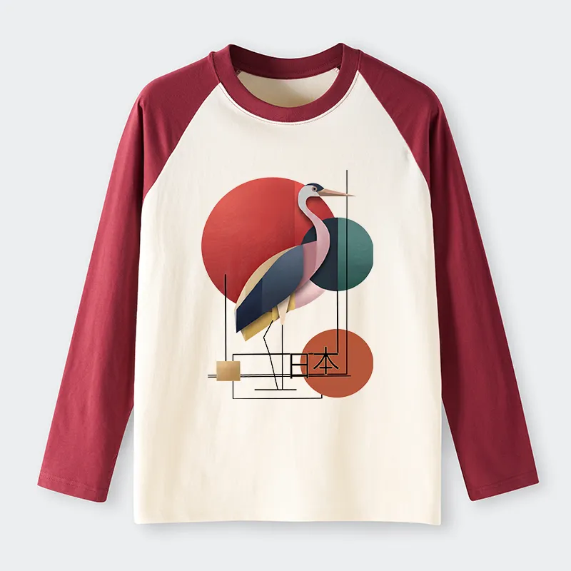 Tokyo-Tiger Geometric Crane Art Raglan Long Sleeve T-shirt