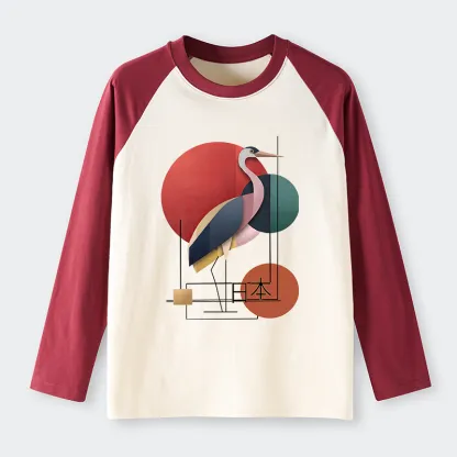 Tokyo-Tiger Geometric Crane Art Raglan Long Sleeve T-shirt