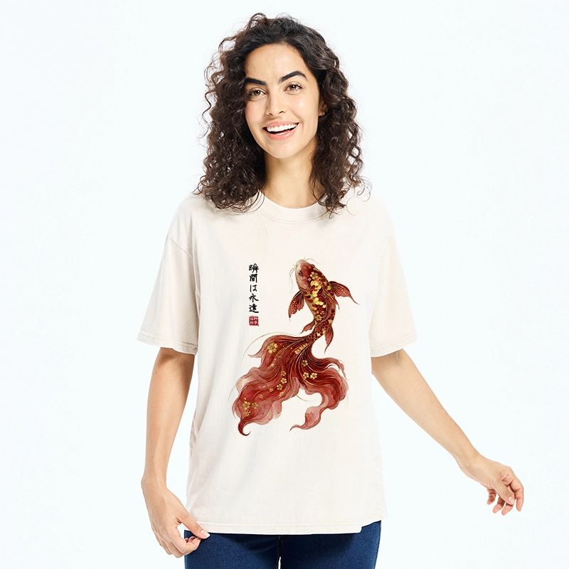 Tokyo-Tiger Golden Sakura Red Koi Ink Art Washed T-Shirt
