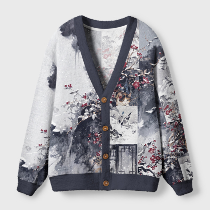 Tokyo-Tiger Cat Among Plum Blossoms Ugly Cardigan Sweater