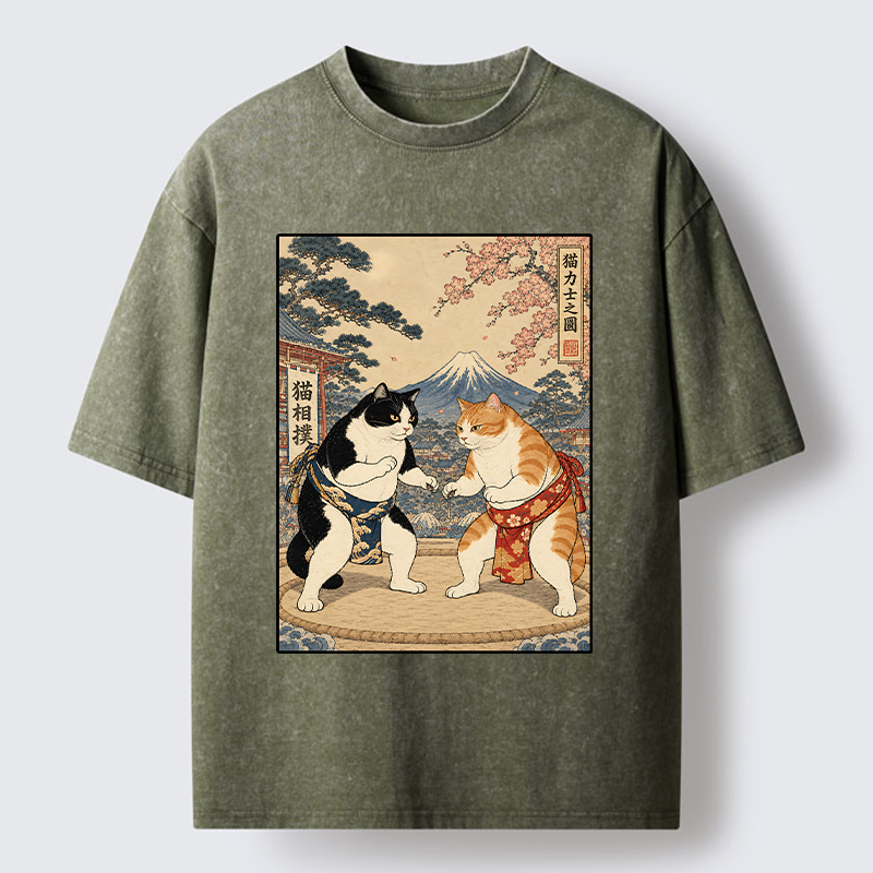 Tokyo-Tiger Japanese Sumo Cat Art Washed T-Shirt