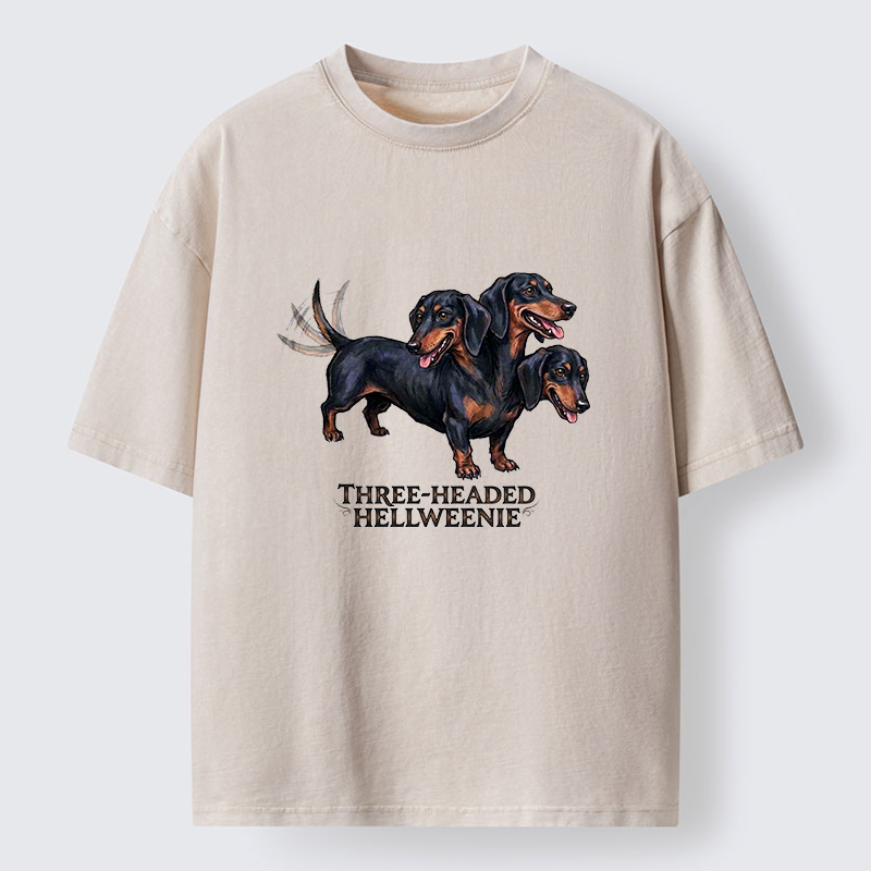 Tokyo-Tiger Three-headed Hellweenie Dachshund Dog Washed T-Shirt
