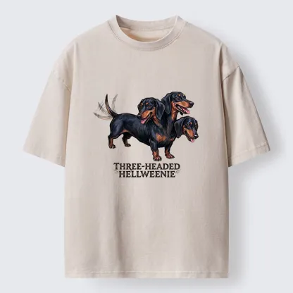 Tokyo-Tiger Three-headed Hellweenie Dachshund Dog Washed T-Shirt
