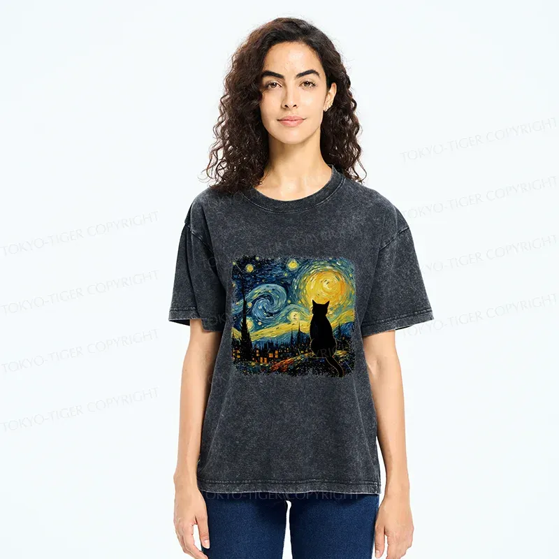 Tokyo-Tiger The Starry Night Cat Washed T-Shirt