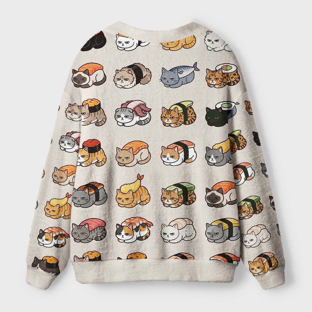 Tokyo-Tiger Cat Sushi Pattern Ugly Cardigan Sweater