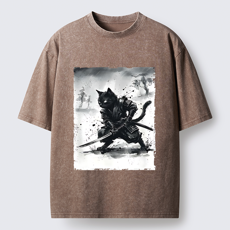 Tokyo-Tiger Ink Samurai Cat Art Washed T-Shirt