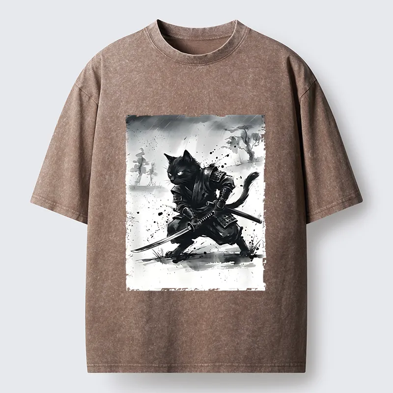 Tokyo-Tiger Ink Samurai Cat Art Washed T-Shirt
