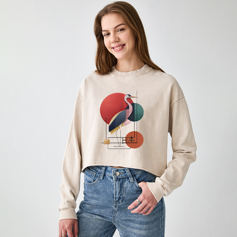 Tokyo-Tiger Geometric Crane Art Washed Crop Sweatshirt
