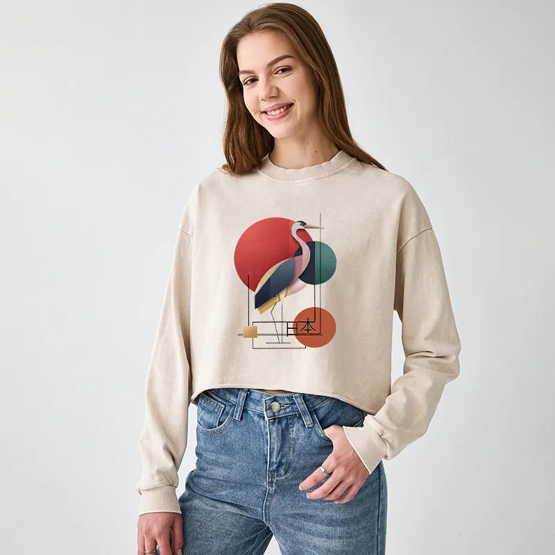 Tokyo-Tiger Geometric Crane Art Washed Crop Sweatshirt