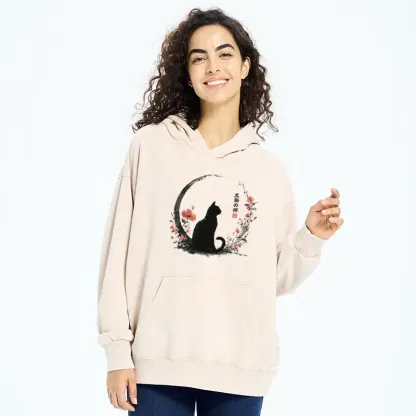 Tokyo-Tiger Black Cat And Flowers Washed Hoodie