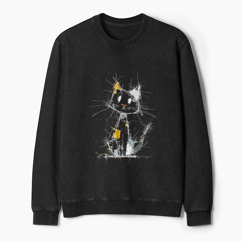 Tokyo-Tiger Minimal Splash Ink Cute Cat Washed Terry Sweatshirt