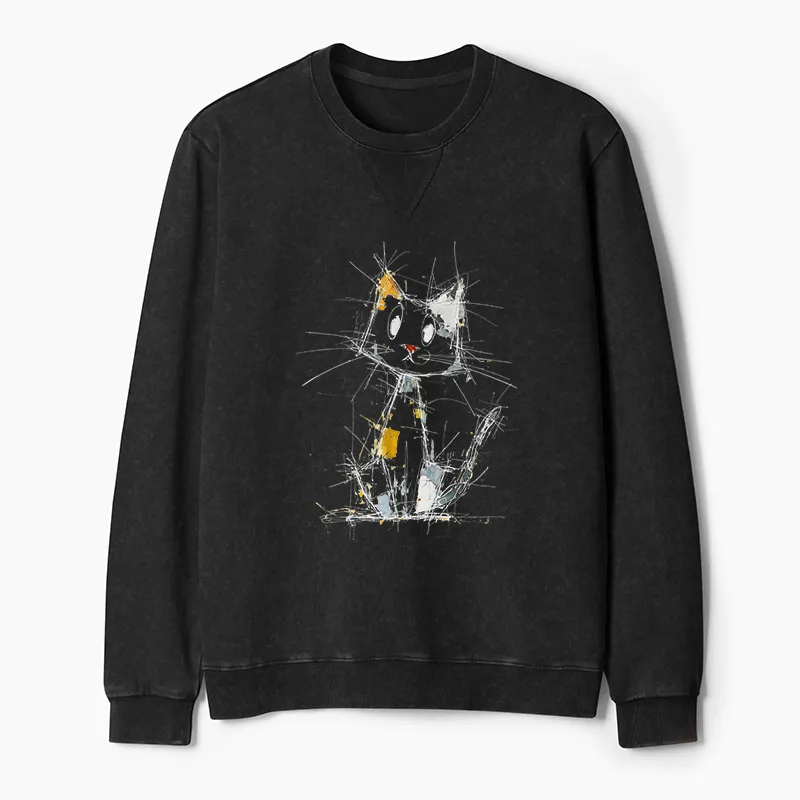 Tokyo-Tiger Minimal Splash Ink Cute Cat Washed Terry Sweatshirt