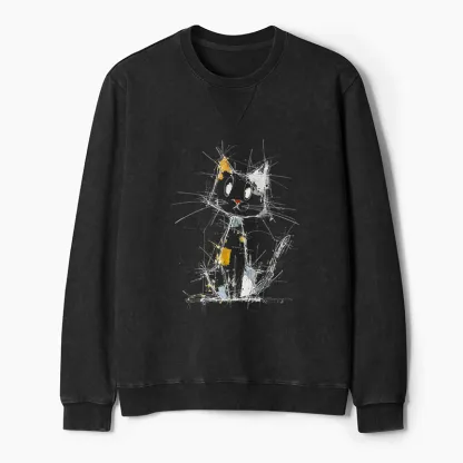 Tokyo-Tiger Minimal Splash Ink Cute Cat Washed Terry Sweatshirt