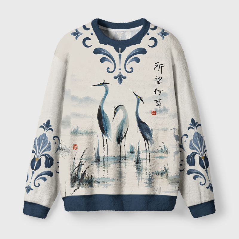 Tokyo-Tiger Ink Oriental Egret Landscape Art Fuzzy Christmas Ugly Sweatshirt