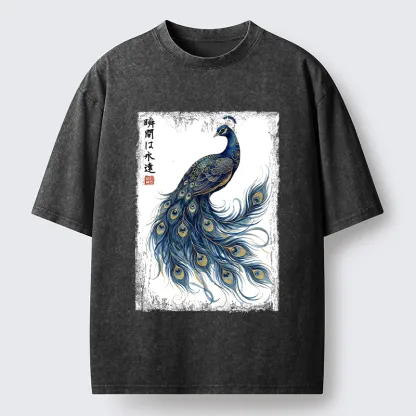 Tokyo-Tiger Elegant Peacock Art Washed T-Shirt