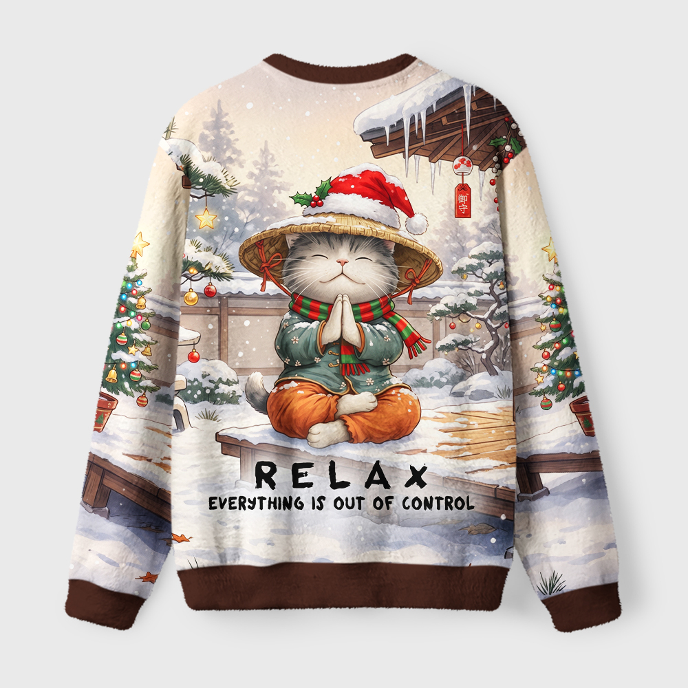 Tokyo-Tiger Zen Relax Cat Graphic Fuzzy Christmas Ugly Sweatshirt