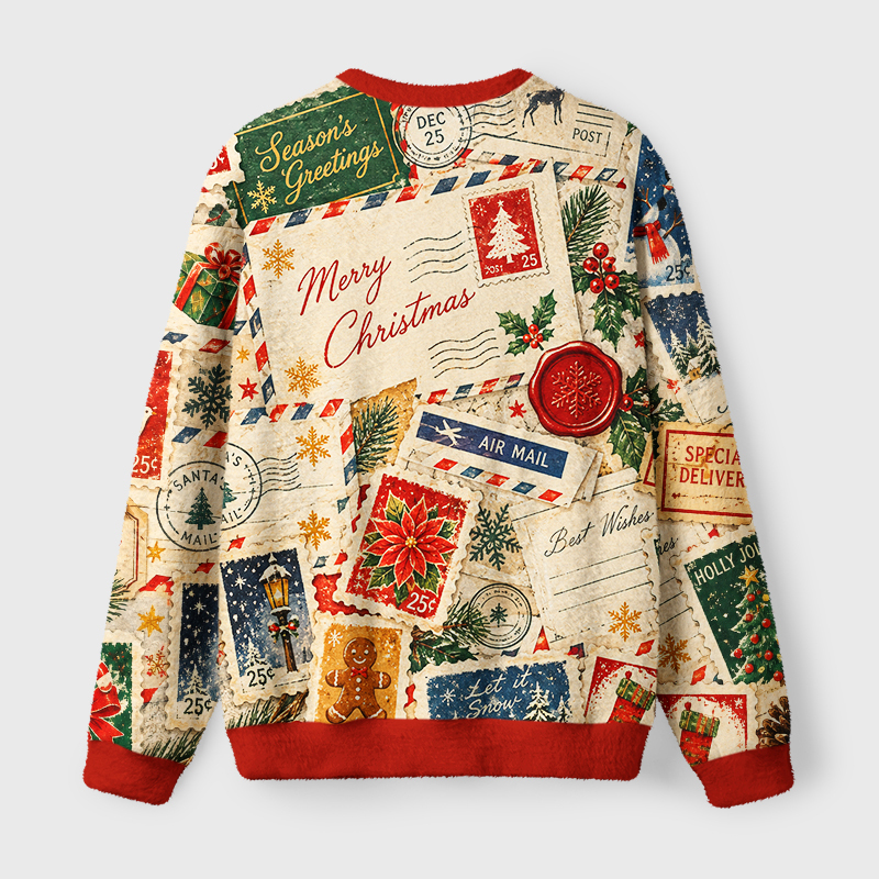 Tokyo-Tiger Retro Mail Greetings Fuzzy Christmas Ugly Sweatshirt