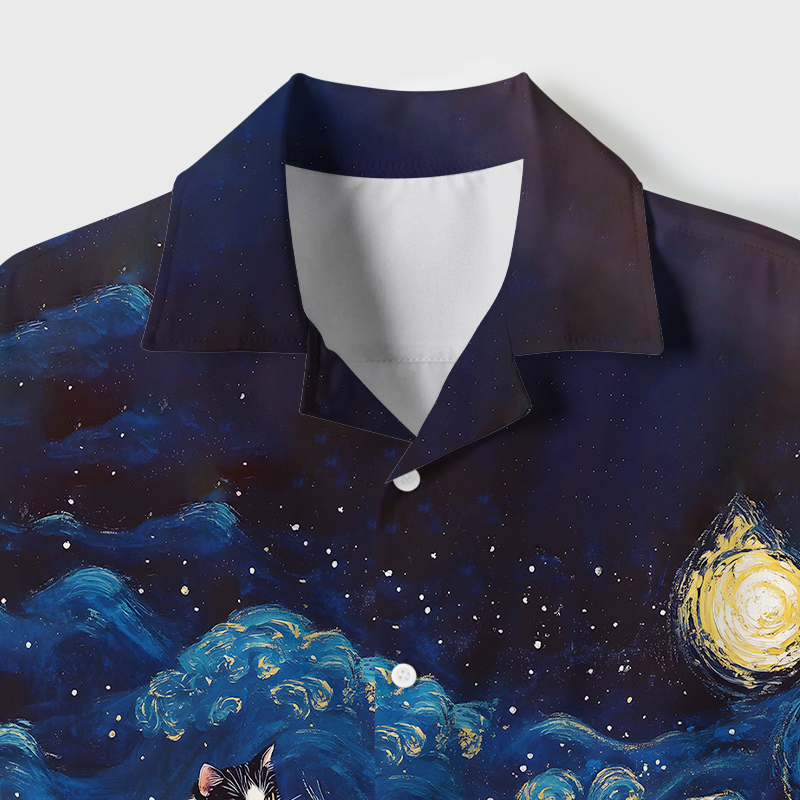 Tokyo-Tiger The Great Wave Off Cat Cuban Collar Shirt