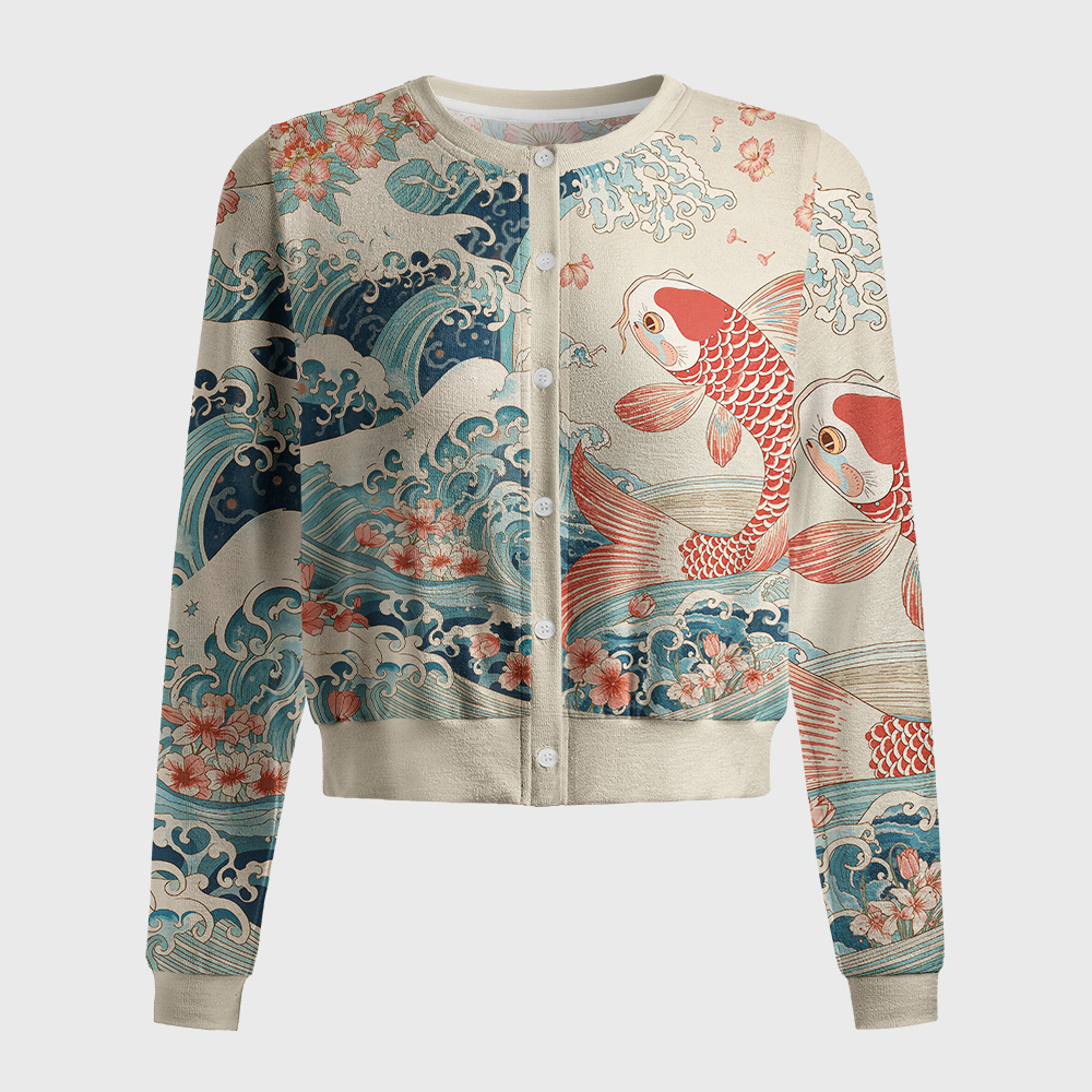 Tokyo-Tiger Koi With Sakura Waves Women's Lightweight Cardigan