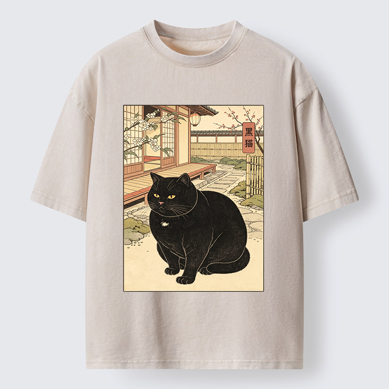 Tokyo‑Tiger Fat Cat In The Yard Washed T‑Shirt