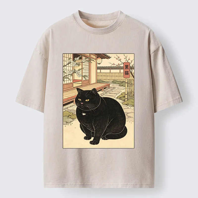 Tokyo‑Tiger Fat Cat In The Yard Washed T‑Shirt