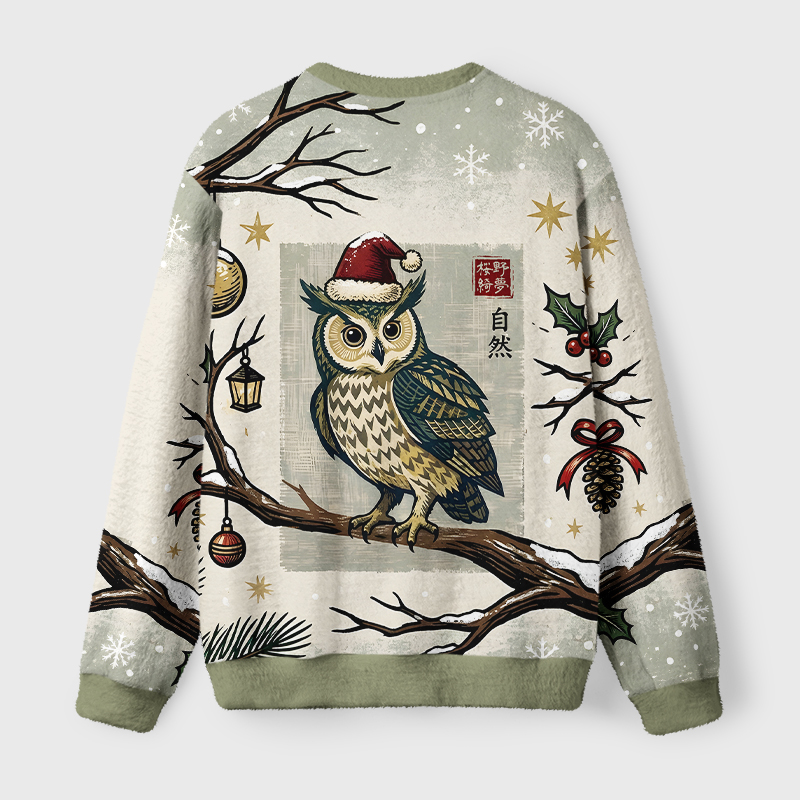 Tokyo-Tiger Vintage Woodcut Owl on Snow Branch Fuzzy Christmas Ugly Sweatshirt