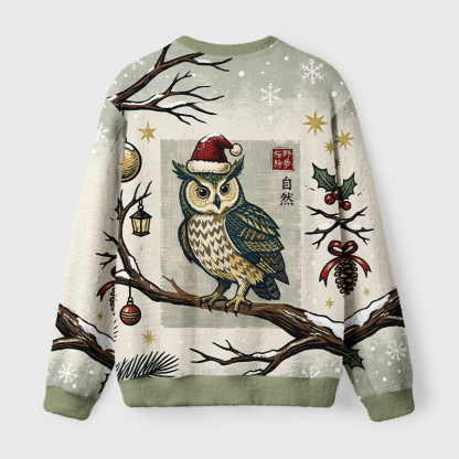 Tokyo-Tiger Vintage Woodcut Owl on Snow Branch Fuzzy Christmas Ugly Sweatshirt