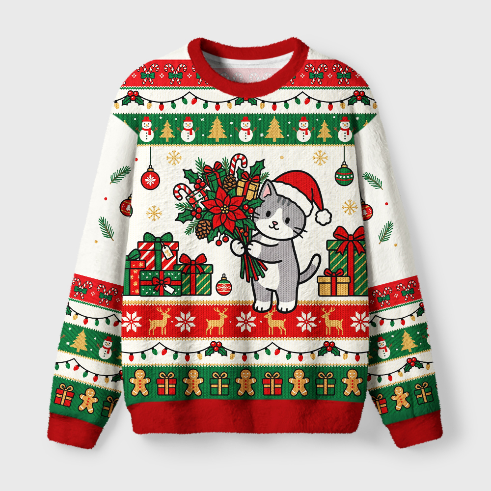Tokyo-Tiger Funny Cat Bouquet Fuzzy Christmas Ugly Sweatshirt