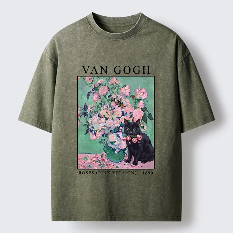 Tokyo‑Tiger Art Cat With Roses Washed T‑Shirt