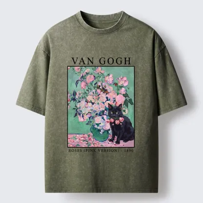 Tokyo‑Tiger Art Cat With Roses Washed T‑Shirt