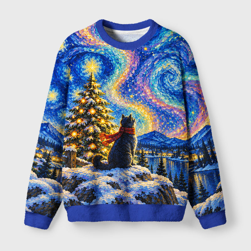 Tokyo-Tiger Starry Night Christmas Cat Fuzzy Christmas Ugly Sweatshirt