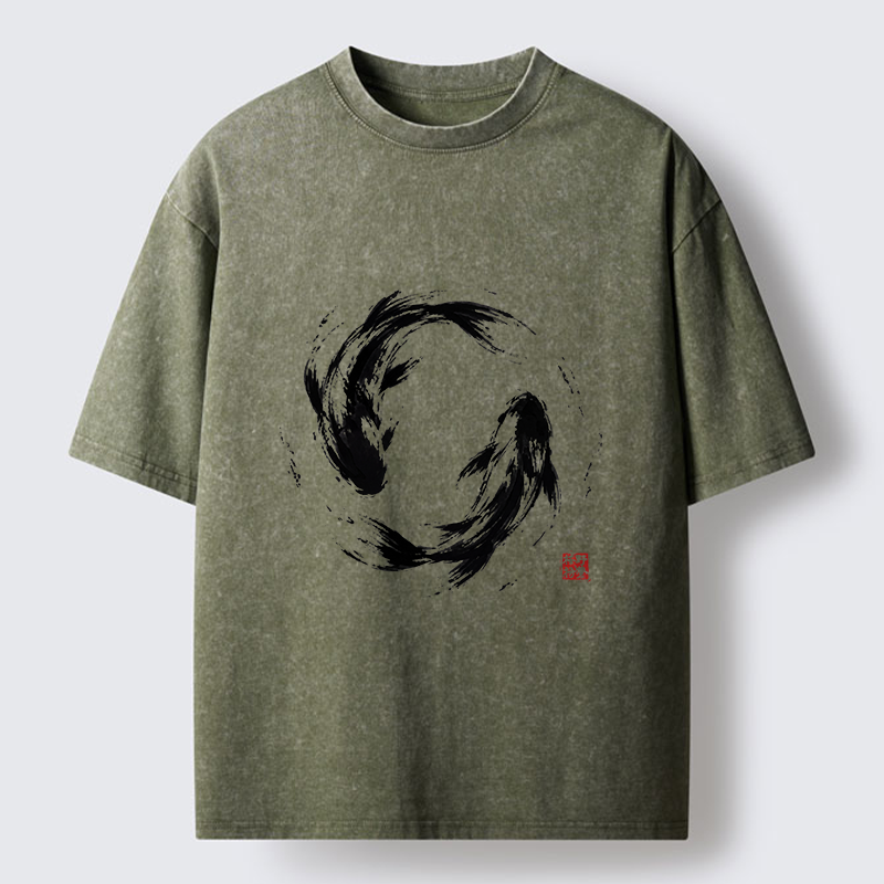 Tokyo-Tiger Ink Koi Fish Circle Washed T-Shirt