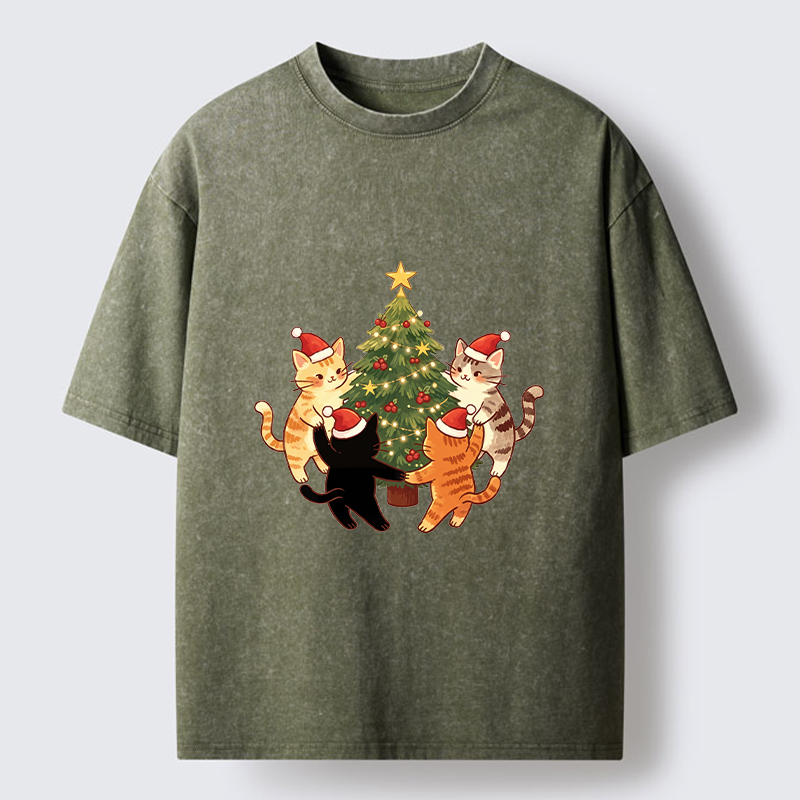 Tokyo-Tiger Cat Christmas Tree Party Washed T-Shirt
