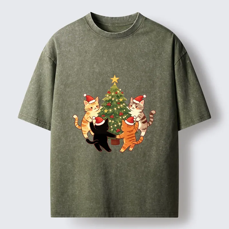 Tokyo-Tiger Cat Christmas Tree Party Washed T-Shirt
