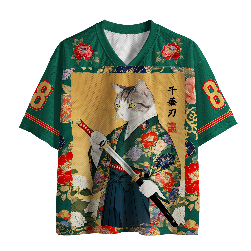 Tokyo-Tiger Peony Flower Japanese Sword Samurai Cat Mesh Jersey