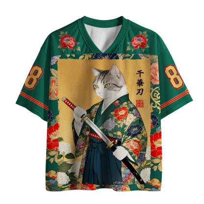 Tokyo-Tiger Peony Flower Japanese Sword Samurai Cat Mesh Jersey