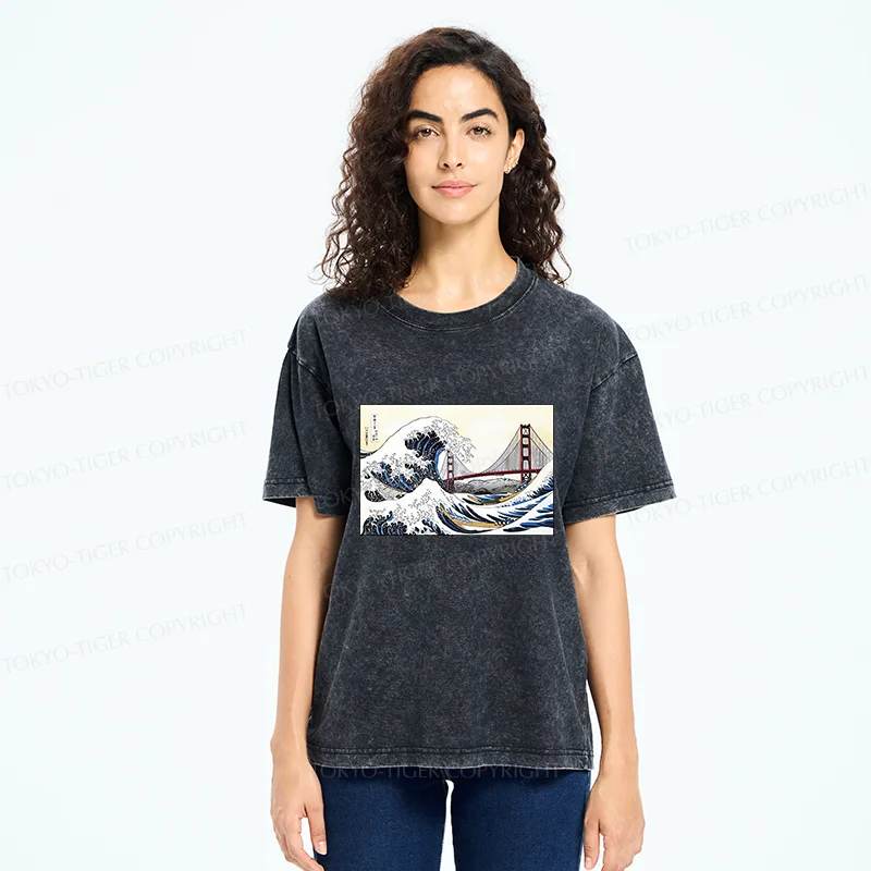 Tokyo-Tiger Golden Gate Bridge And Waves Washed T-Shirt