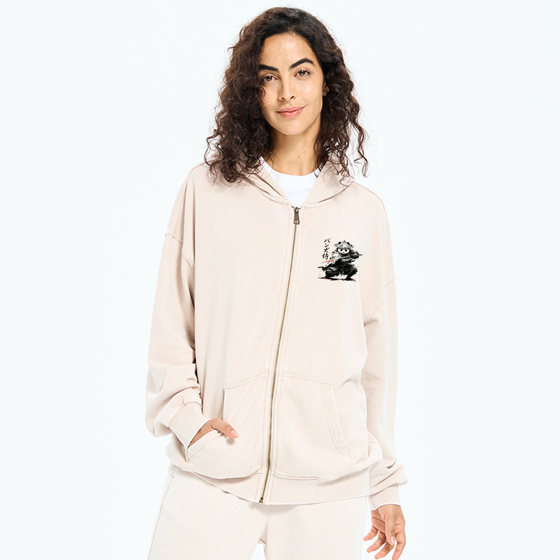 Tokyo-Tiger Panda Samurai Warrior Washed Zip Hoodie