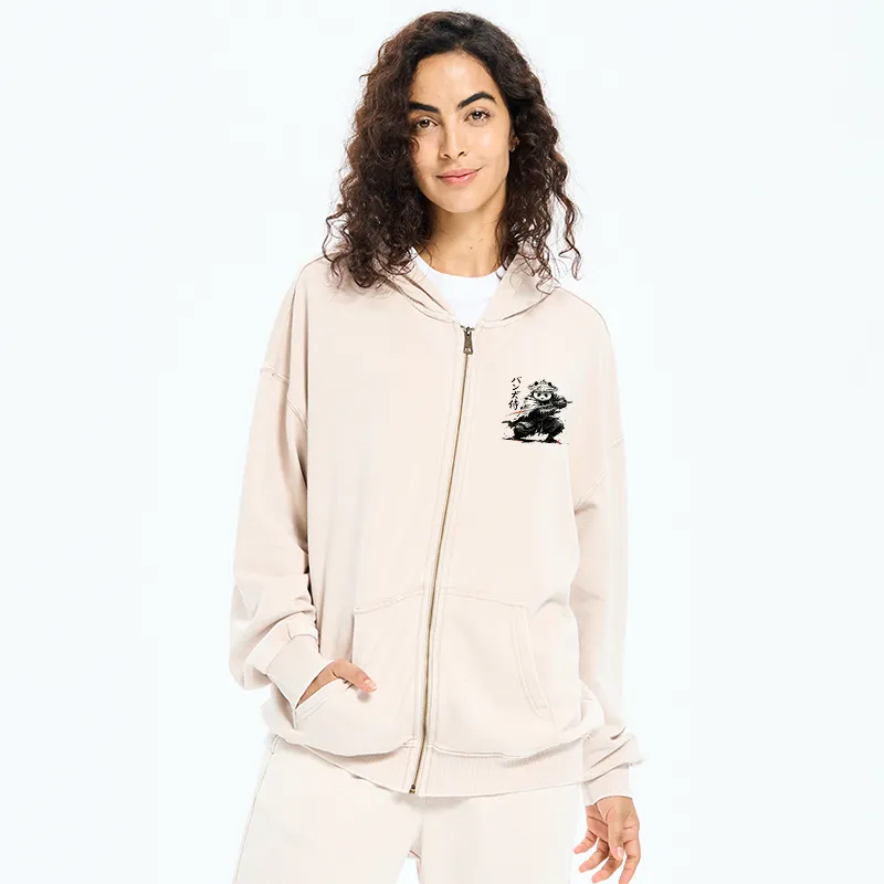 Tokyo-Tiger Panda Samurai Warrior Washed Zip Hoodie