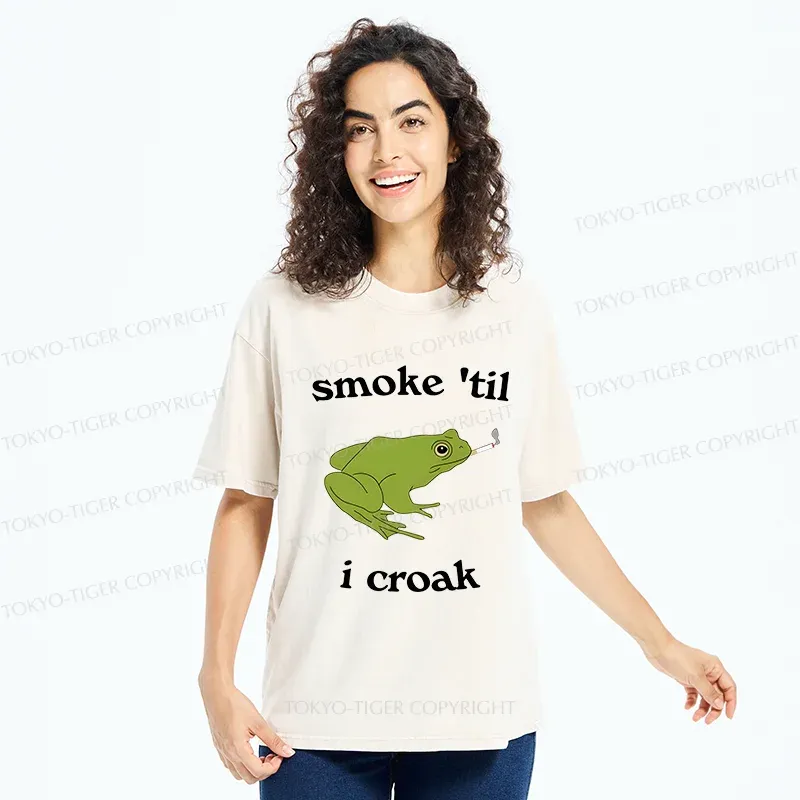 Tokyo-Tiger Smoking Frog Funny Washed T-Shirt
