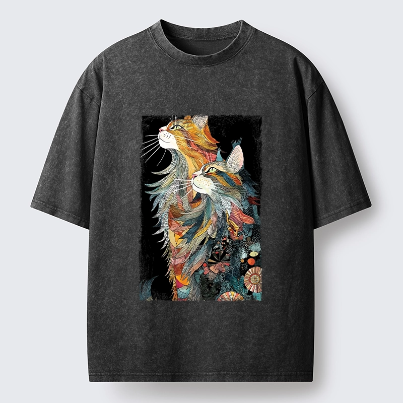 Tokyo‑Tiger Bohemian Cat Pair Washed T‑shirt