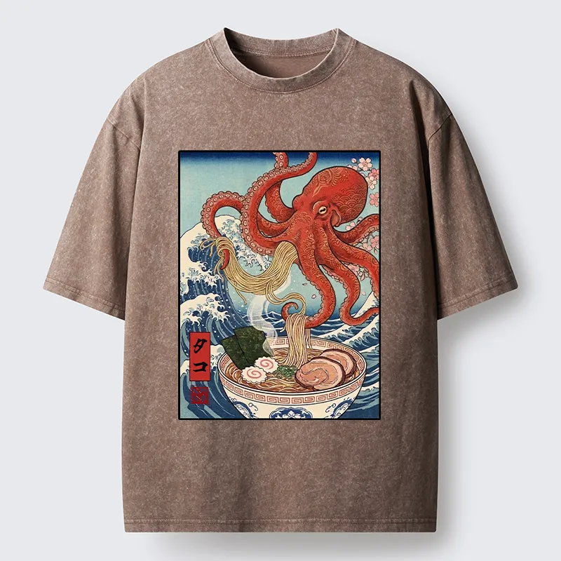 Tokyo-Tiger Octopus Eating Ramen Ukiyo Art Washed T-Shirt
