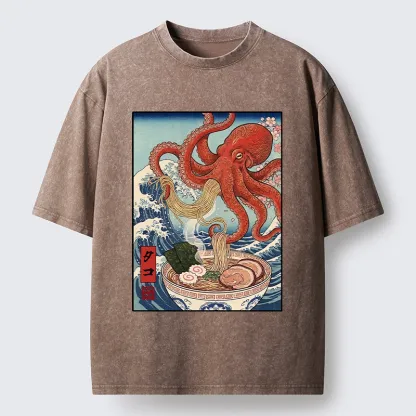 Tokyo-Tiger Octopus Eating Ramen Ukiyo Art Washed T-Shirt