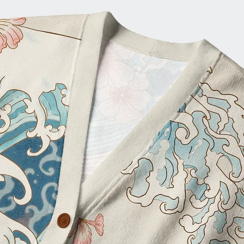 Tokyo-Tiger Koi With Sakura Waves Ugly Cardigan Sweater